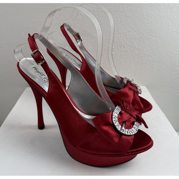 Night Moves By Allure Shoes - Y2K Night Moves Red Bow Satin Rhinestone Buckle Platform Slingback Heels Size 8